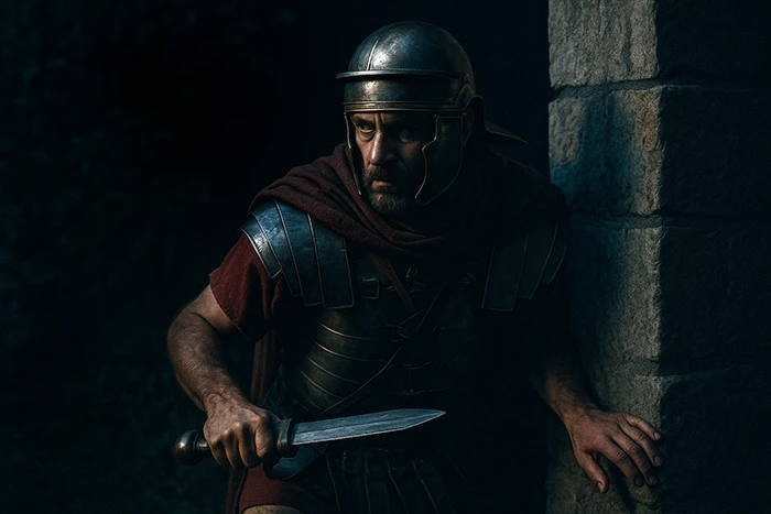 Speculator romano de noche, armado con gladius y oculto tras un muro en misión encubierta en el Imperio.