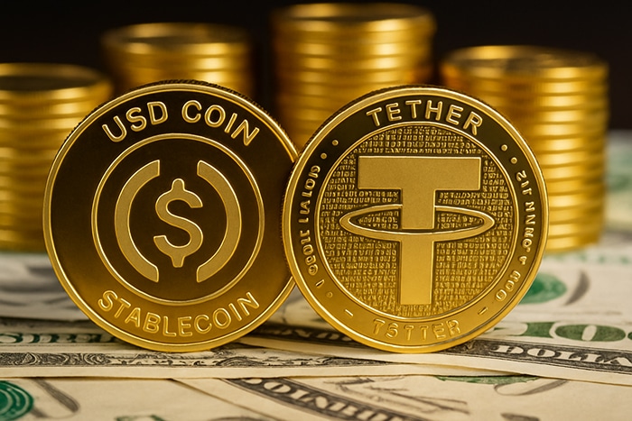 Monedas Stablecoins sobre billetes de dolares.