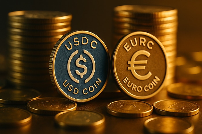 Primer plano de monedas digitales USDC y EURC sobre una mesa con pilas de monedas al fondo, representando stablecoins vinculadas al dólar y al euro.