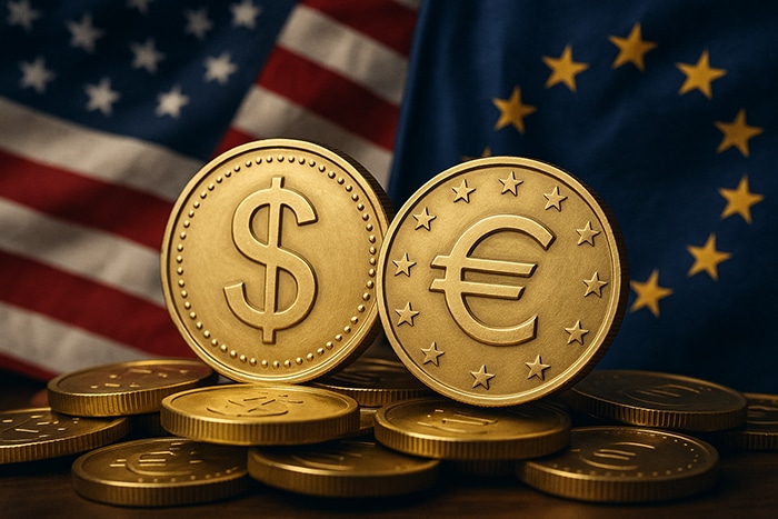 Monedas doradas con los símbolos del dólar y el euro sobre un fondo de las banderas de Estados Unidos y la Unión Europea.