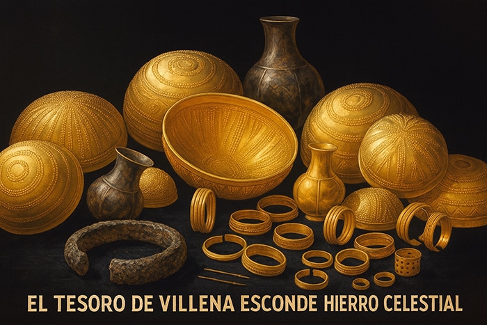 Ilustración realista del Tesoro de Villena, con piezas de oro y un brazalete de hierro meteórico en primer plano, acompañada del título “El Tesoro de Villena esconde hierro celestial” sobre fondo oscuro.