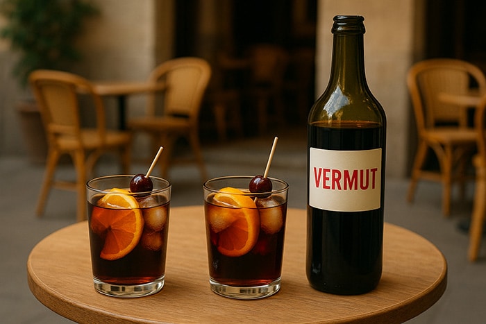 Botella genérica de vermut y dos vasos con hielo, naranja y guindas en mesa redonda de terraza sin gente