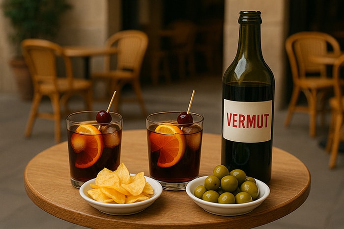 Botella de vermut sin marca, vaso con hielo y rodaja de naranja, aceitunas y patatas sobre mesa de terraza al atardecer