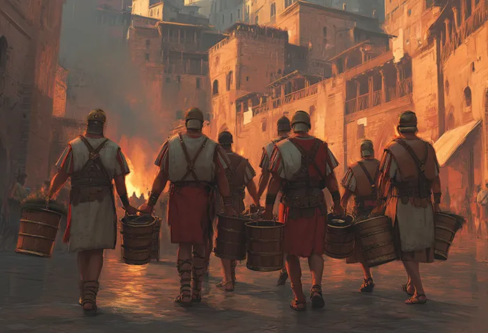 Ilustración de los vigiles de Roma llevando cubos de agua por una calle nocturna para apagar un incendio