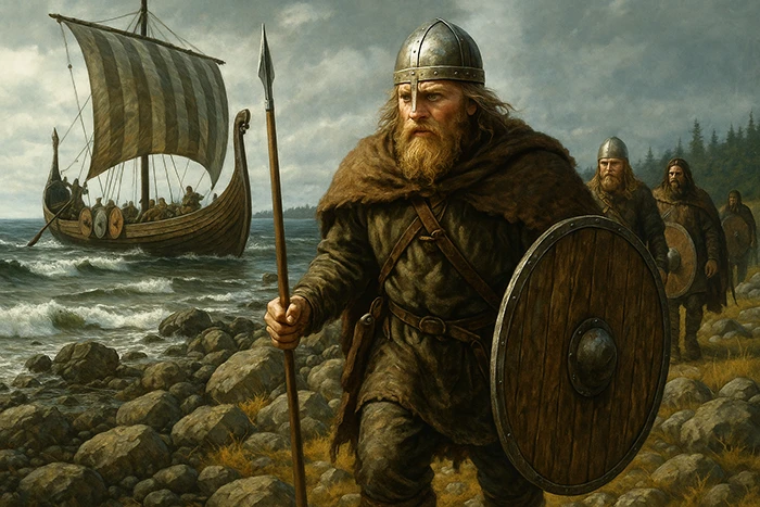 Guerrero vikingo con lanza y escudo desembarca en la costa rocosa de Norteamérica mientras un drakkar se aproxima desde el mar.