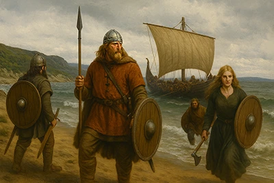 Vikingos, entre ellos una mujer guerrera con hacha y escudo, pisan tierra firme tras arribar en un drakkar en Norteamérica.