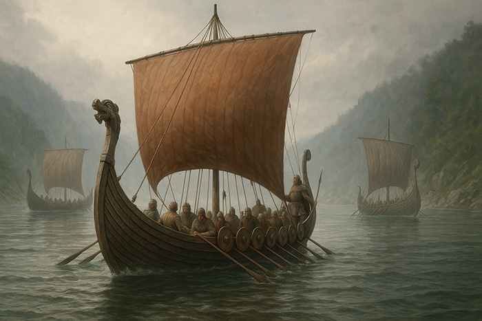 Tres naves vikingas navegando por una ría brumosa en Galicia, rodeadas de colinas y vegetación, durante una incursión costera.