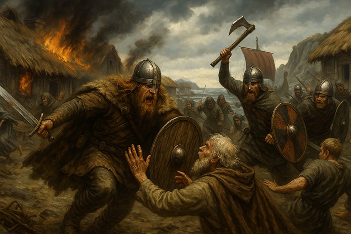 Guerreros vikingos armados atacan una aldea costera con casas de techumbre de paja en llamas, mientras aldeanos huyen o suplican por su vida.