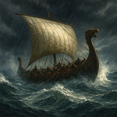 Un drakkar vikingo con vela desplegada enfrenta una violenta tormenta en alta mar, con olas gigantes y un cielo oscuro y lluvioso.