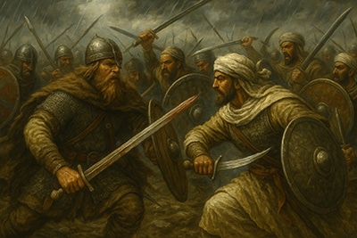 Enfrentamiento entre guerreros vikingos y soldados hispano-musulmanes en plena batalla, bajo lluvia intensa y cielo tormentoso.