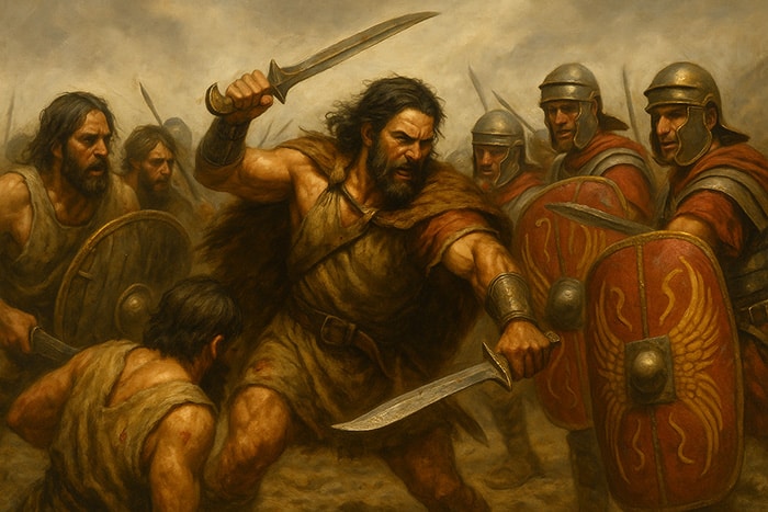 Hombre guerrero lusitano en primer plano, con barba y cabello largo, vestido con ropa rústica y pieles, blandiendo una espada corta mientras se enfrenta a varios legionarios romanos con escudos y cascos metálicos en un ambiente de batalla.