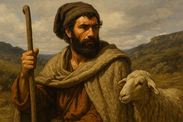 Viriato como pastor lusitano con barba, vestido con túnica y capa rústica, sosteniendo un bastón de pastor, acompañado de una oveja blanca, con un paisaje montañoso de fondo, transmitiendo calma y conexión con la naturaleza.