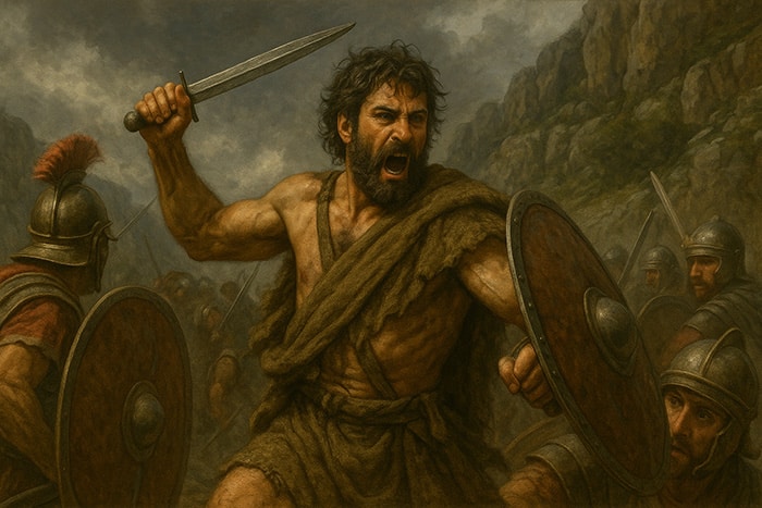 Viriato en actitud de combate, con barba y cabello desordenado, portando un escudo redondo y una espada corta, gritando y avanzando contra un grupo de soldados romanos armados y organizados en formación.
