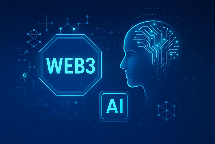 Representación digital del concepto Web3 e inteligencia artificial con perfil humano y conexiones neuronales.