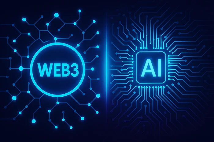 Ilustración tecnológica que conecta Web3 y AI mediante circuitos y redes digitales.