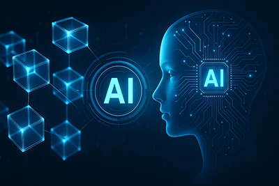 Concepto visual de inteligencia artificial y blockchain con cubos y perfil humano interconectado. Preguntar a ChatGPT
