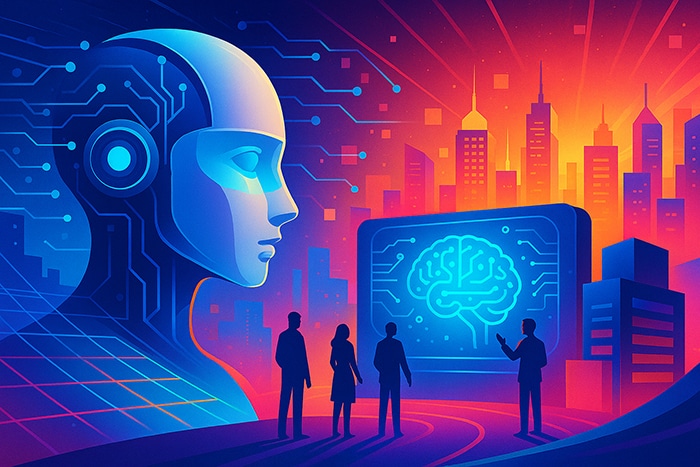 Ilustración futurista de una inteligencia artificial representada por un rostro robótico, junto a una pantalla con un cerebro digital y siluetas humanas observando una ciudad tecnológica.