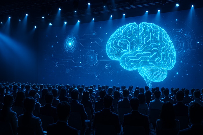 Fotografía digital de una gran conferencia sobre inteligencia artificial, con un público observando una pantalla que muestra un cerebro digital iluminado en azul.