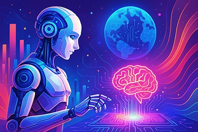Ilustración digital de un robot humanoide interactuando con un cerebro virtual sobre un chip, con el planeta Tierra al fondo en un entorno tecnológico colorido.