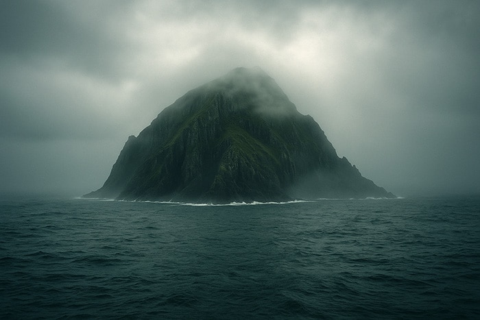 Paisaje brumoso e idealizada de Hy-Brasil, isla legendaria del folclore celta en medio del océano.