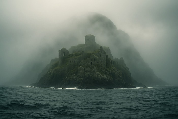 Vista idealizada de Hy-Brasil, una isla rocosa envuelta en niebla con ruinas misteriosas en el océano Atlántico